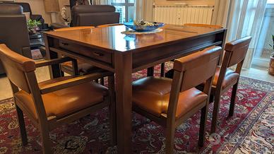Tavolo Legno Massello Anni '70 + 6 Sedie in Pelle