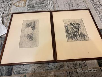 Due quadri a carboncino con cavalli