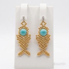 Orecchini Pietre Turchese Boho Vintage Fishbone