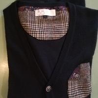 Cardigan blu taschino gomito toppe scacchi Tg M