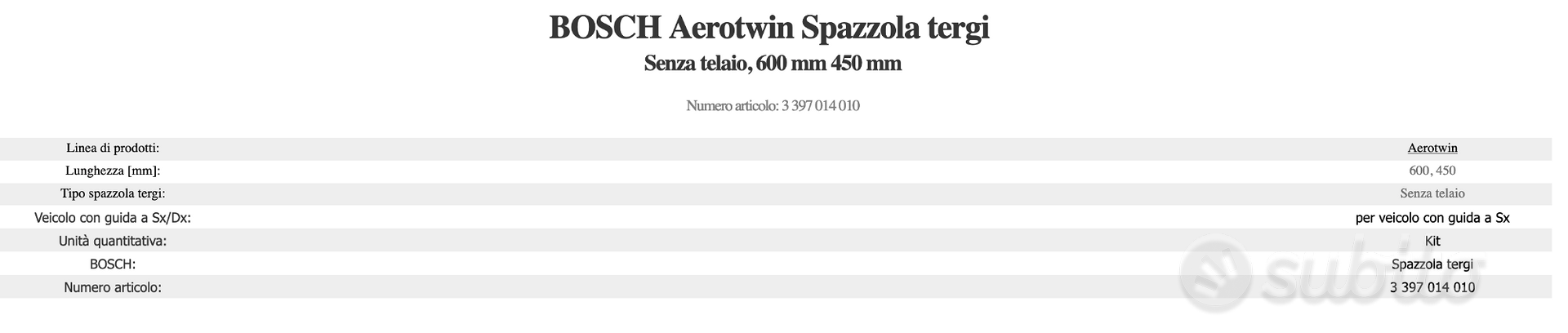 SPAZZOLE TERGI TERGICRISTALLO BOSCH AEROTWIN A010S - Accessori Auto In  vendita a Milano