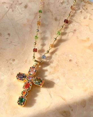 Collana Croce Acciaio e Zirconi colorati