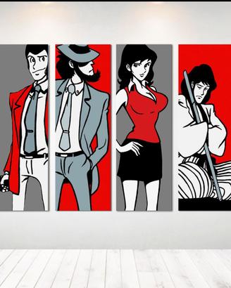 Set 4 Quadri Personaggi Lupin Dipinto a Mano 30x90