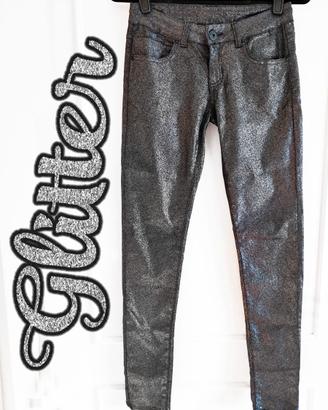 Skinny Jeans Vita Bassa Brillantini Argento Nero