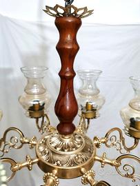 Lampadario vintage ottone vetro e legno coppia
