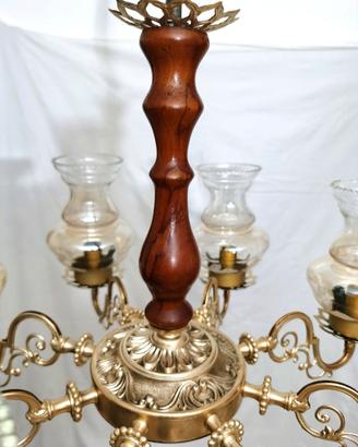 Lampadario vintage ottone vetro e legno coppia