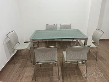 Tavolo Calligaris, ripiano in cristallo, 6 sedie