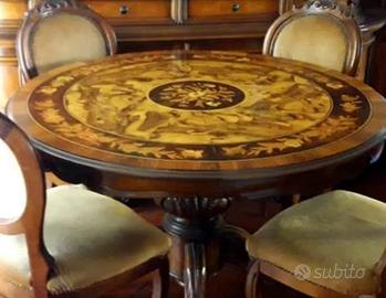 Tavolo tondo intarsiato e 6 sedie