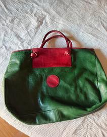 Borsa a mano vintage rossa e verde- vera pelle