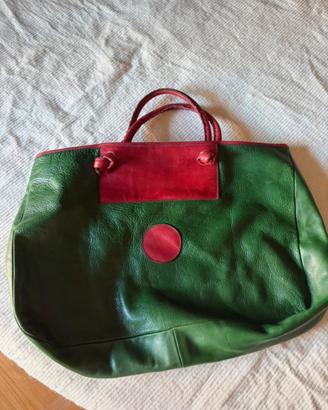 Borsa a mano vintage rossa e verde- vera pelle