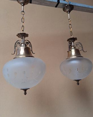 Coppia lampadari sospensione '70s ottone e vetro