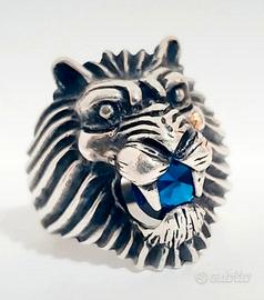 anello uomo argento 925 leone zaffiro blu