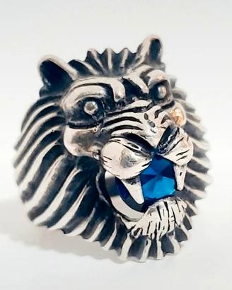anello uomo argento 925 leone zaffiro blu