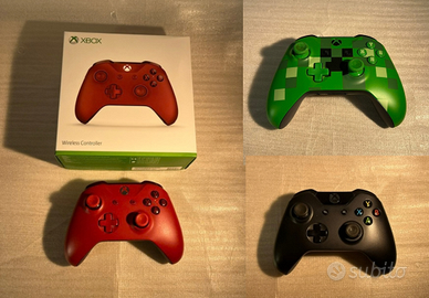 Tre controller Xbox ONE, rosso, verde e nero