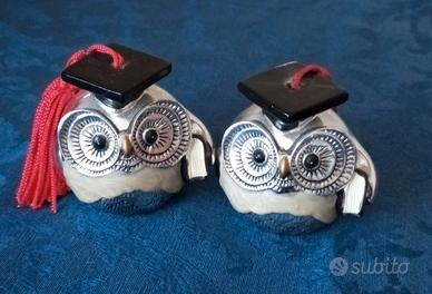 COPPIA di Gufetti In Resina Argentata scaramantico