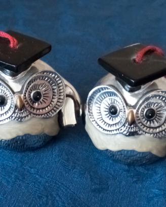 COPPIA di Gufetti In Resina Argentata scaramantico