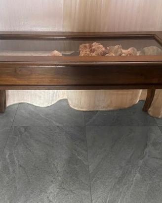 Tavolino da salotto in legno con teca in vetro