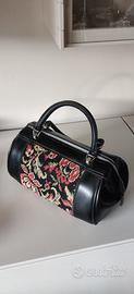 Bauletto doctor bag vintage pelle nera tessuto gob