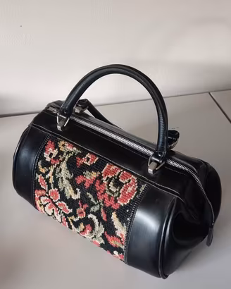 Bauletto doctor bag vintage pelle nera tessuto gob