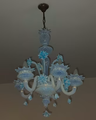 Lampadario Murano 5 luci vetro bianco e azzurro