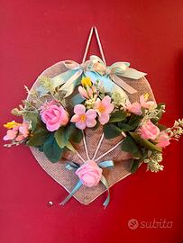 Bouquet su cuore in corda - Rosa delicato - cm 20