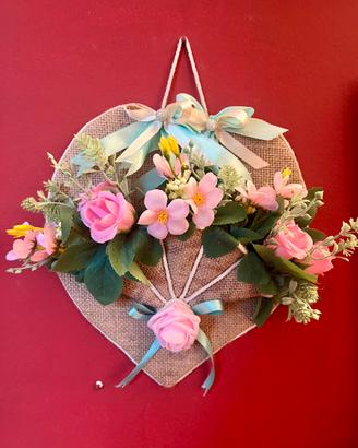 Bouquet su cuore in corda - Rosa delicato - cm 20