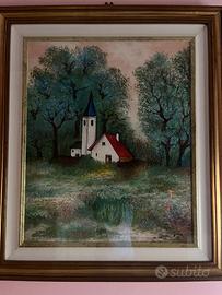 Dipinto a Olio su Tela,Paesaggio con Chiesa
