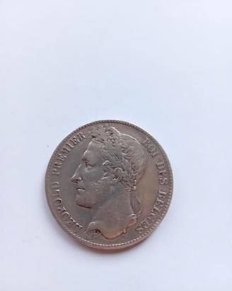 Moneta argento 5 franchi belgio 1848