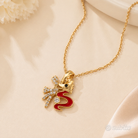 Collana Dorata con Drago Marino Rosso e Strass