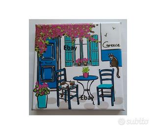 Quadretto Grecia stampa tela tavolo sedie porta