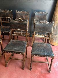 Set 6 sedie vintage legno+pelle da restaurare 50'