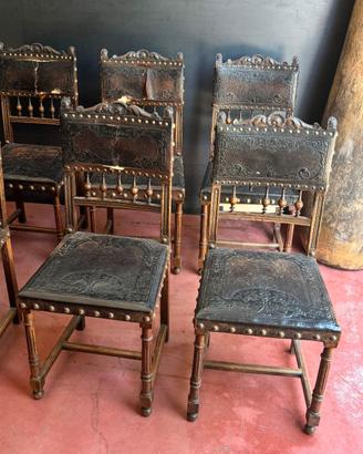 Set 6 sedie vintage legno+pelle da restaurare 50'
