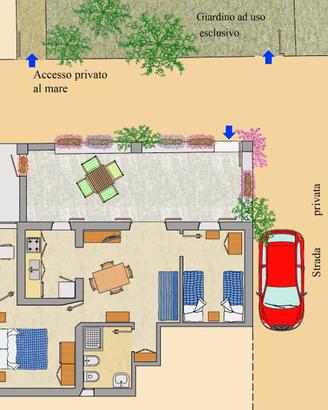 Veramente sulla spiaggia con veranda e giardino