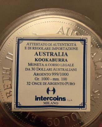 Moneta Australian Kookaburra - 1 Kg Argento 999