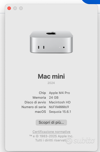 Mac mini M4 Pro - 24GB RAM / 1TB SSD - Come nuovo - Informatica In