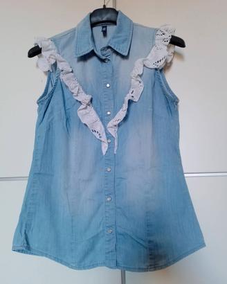 Liu Jo camicia in jeans con frappe in sangallo