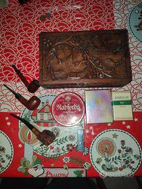 Lotto vintage pipe in radica + scatola intagliata