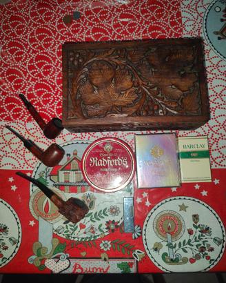 Lotto vintage pipe in radica + scatola intagliata