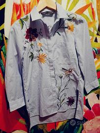 Camicia Lunga a Righe con Ricamo Taglia XS/S🌸🐦