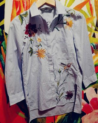 Camicia Lunga a Righe con Ricamo Taglia XS/S🌸🐦