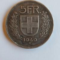 SVIZZERA HELVETHIA SUISSE 5 FRANCHI 1949 ARGENTO 