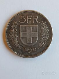 SVIZZERA HELVETHIA SUISSE 5 FRANCHI 1949 ARGENTO 
