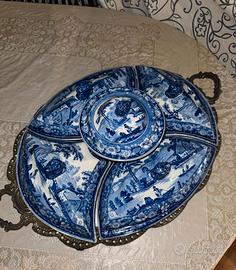Antica Antipastiera inglese ceramica blu + Vassoio