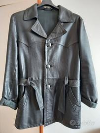 GIACCA NERA IN VERA PELLE, UOMO/DONNA, CON CINTURA