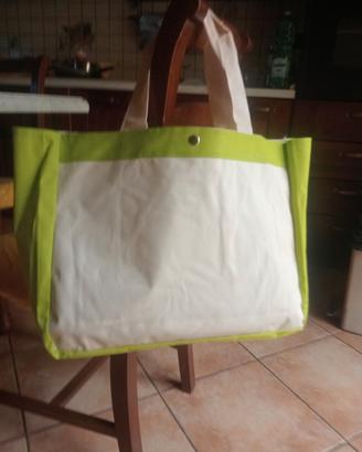 Tote Bag in Tela Bicolore - Panna e Verde Lime