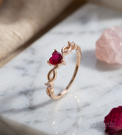 Anello Cuore Rosso Rubino - Argento Placcato Oro