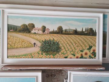 paesaggio con girasoli dipinto ad olio su tela