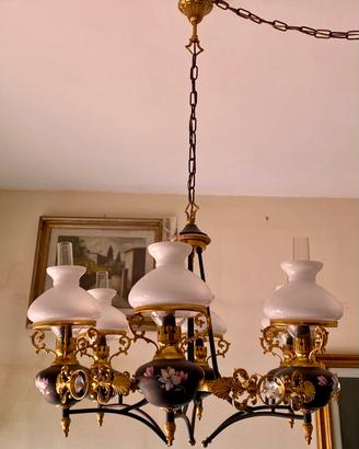 Lampadario vintage in ottone, ceramica e vetro