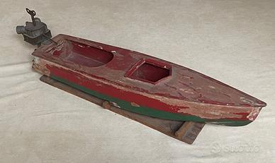 Grande motoscafo giocattolo d’epoca in legno 70 cm
