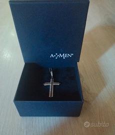 Collana AMEN a croce con zirconi bianchi e neri 